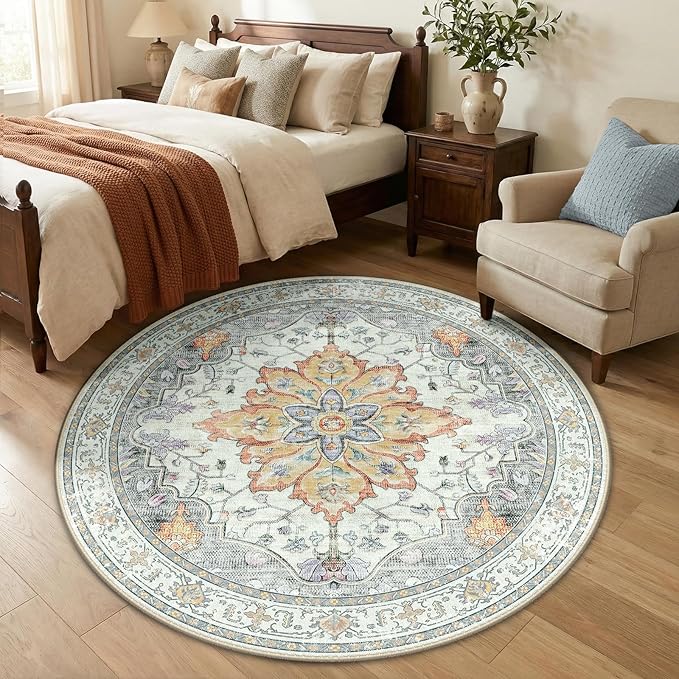 RELEANY Area Rugs 5ft Washable Non-Slip, Floral Vintage Distress Print Pattern Medallion Carpet for Living Room Bedroom Dining Room, Light Yellow Carbon Grey Orange