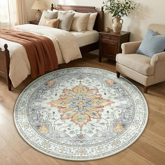 RELEANY Area Rugs 5ft Washable Non-Slip, Floral Vintage Distress Print Pattern Medallion Carpet for Living Room Bedroom Dining Room, Light Yellow Carbon Grey Orange
