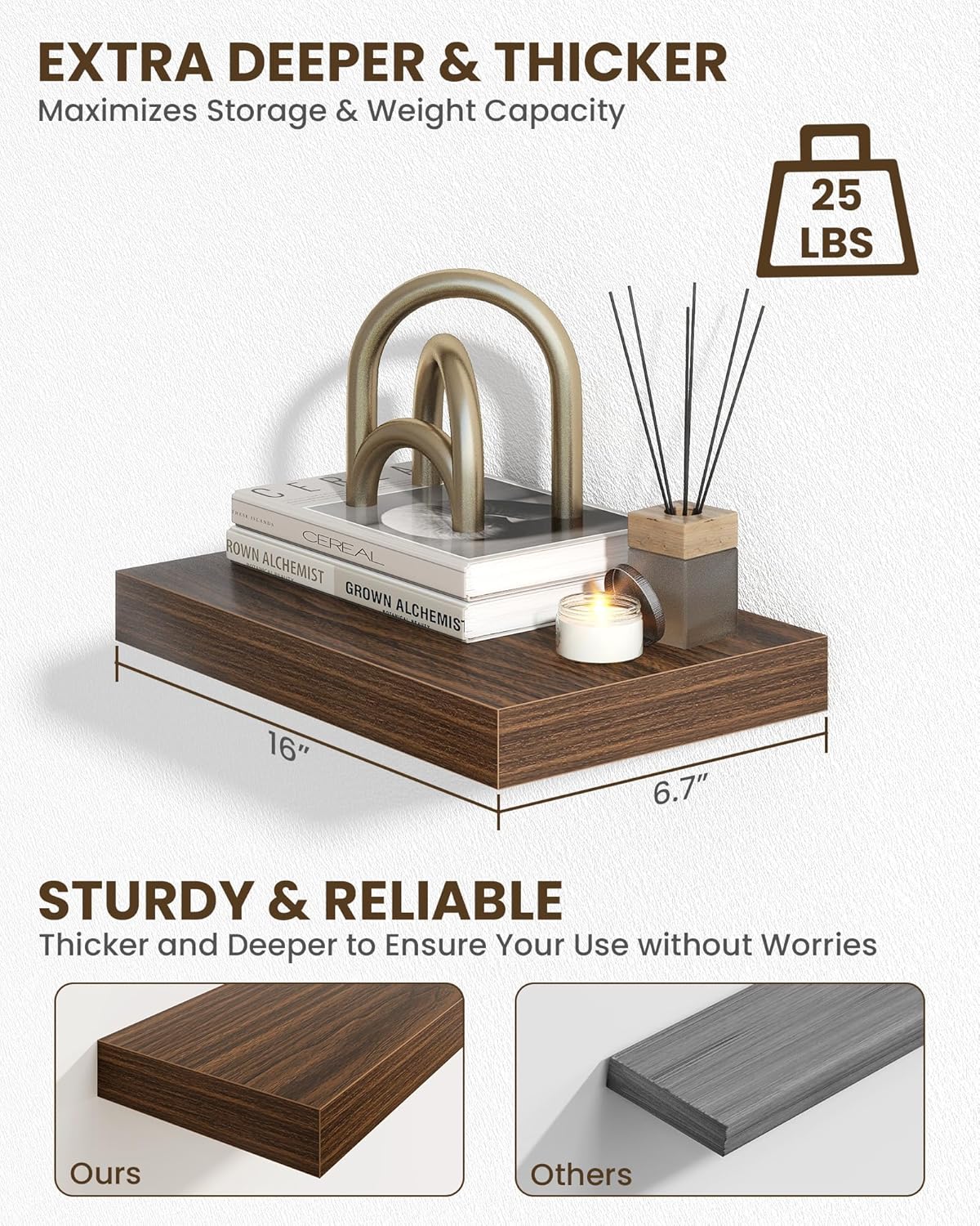 Marsmiles 16" Floating Shelves for Wall, Wooden Shelves with Invisible Brackets Set of 2, Rustic Farmhouse Wall Mounted Shelf for Kitchen Bathroom Living Room Study, Walnut