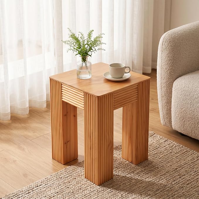 Christopher Knight Home Sadis Modern Square Side Table, Living Room Sofa End Table, Small Coffee Table with Vertical Fluted Leg, Natural