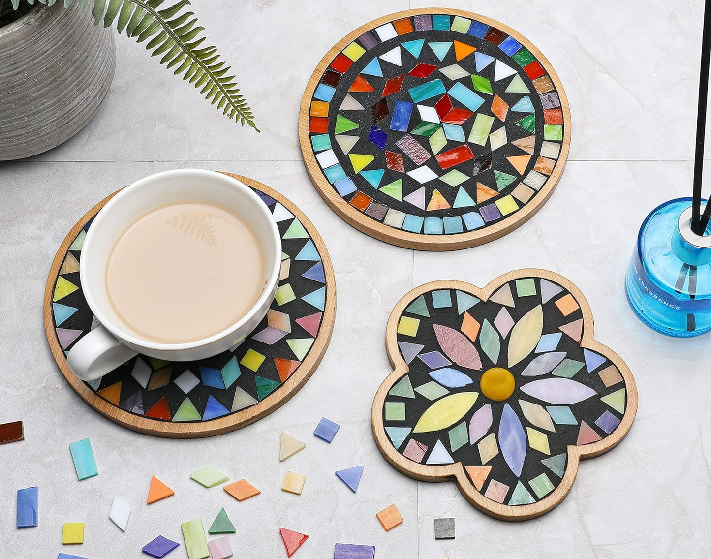 Lanyani 2 Sets of DIY Mosaic Craft Kits Mosaic Tiles Coaster Kit Make Your Own Mosaic Project Handmade Craft Set with Stained Glass Mosaic Tile Pieces for Decoration and Gift