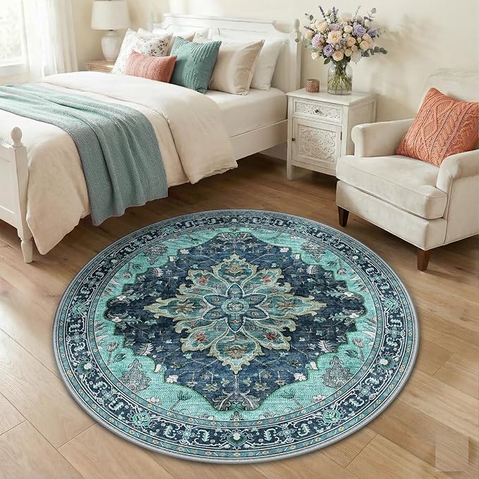 RELEANY Area Rugs 4ft Washable Non-Slip, Floral Vintage Distress Print Pattern Medallion Carpet for Living Room Bedroom Dining Room, Teal Green Lake Blue Turquoise