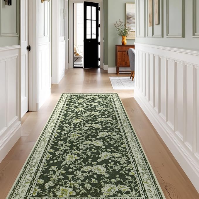 Olive Green Floral Print Area Rugs for Bedroom Living Room Boho Farmhouse Country Rustic Dining Room Carpet Soft Washable Rugs Non Slip Floor Covering for Nursery Playroom 3x8