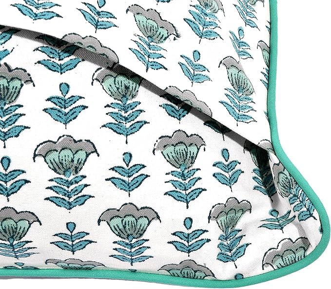 Ridhi Block Print Aquamarine Blue Pillow Cover 20" x 20" (Pack of 2) Decorative Couch Pillows for Living Room, Chic Boho Cute Outdoor Pillows Covers Gifts for Spring, Easter and Valentine