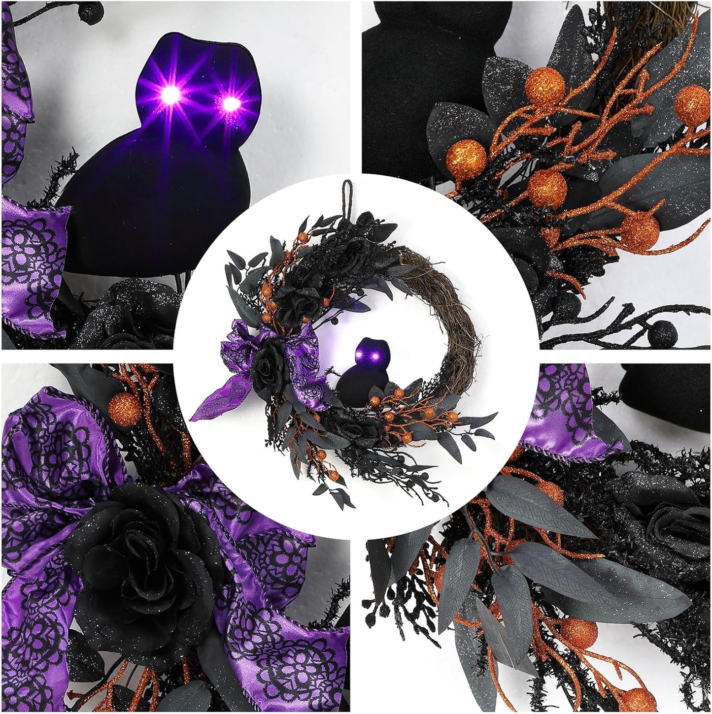 22 Inch Halloween Wreath with Lighted Eyes, Black Prelit Wreath with Artificial Roses, Willow Leaves, Ribbon for Indoor/Outdoor Home Decor