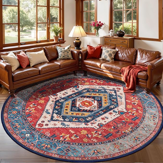 SERISSA Boho Round Area Rug, 5ft Washable Non-Slip Circle Rug, Ultra Soft Oriental Vintage Rust Low-Pile Circular Carpet for Bedroom Entryway Kids Room Office College Dorm Living Room