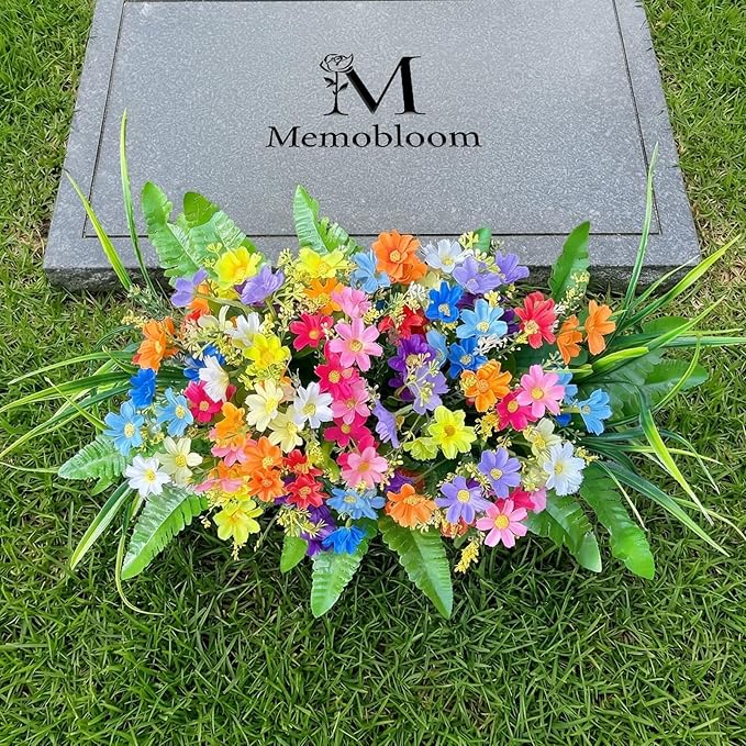 Cemetery Flowers for Grave Fake: Spring Flowers for Cemetery Easter Colorful Artificial Wildflowers with Stake - Faux Silk Memorial Day Grave Decorations for Outdoor Gravesite