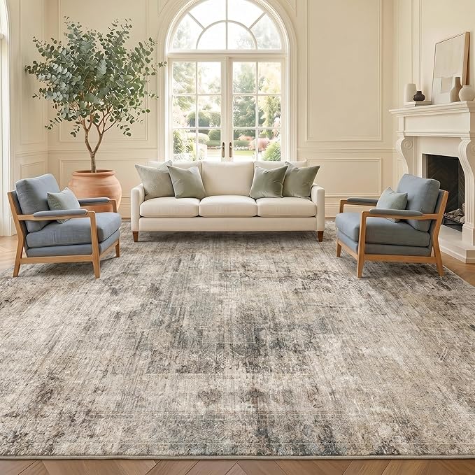 Hazo Haus Taupe Brown Big Rugs for Living Room 9x12 - Modern Farmhouse Rustic Large Rug for Dining Room, Bedroom, Washable Foldable Dark Academy Décor