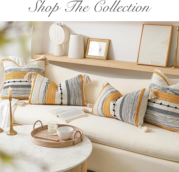BlissBlush Boho Decorative Throw Pillow Cover 22x22 Square Yellow Mustard Accent Pillowcase Tassels Farmhouse Cushion for Couch Sofa Bedroom Living Room Home Décor Cover ONLY (Pack of 1)