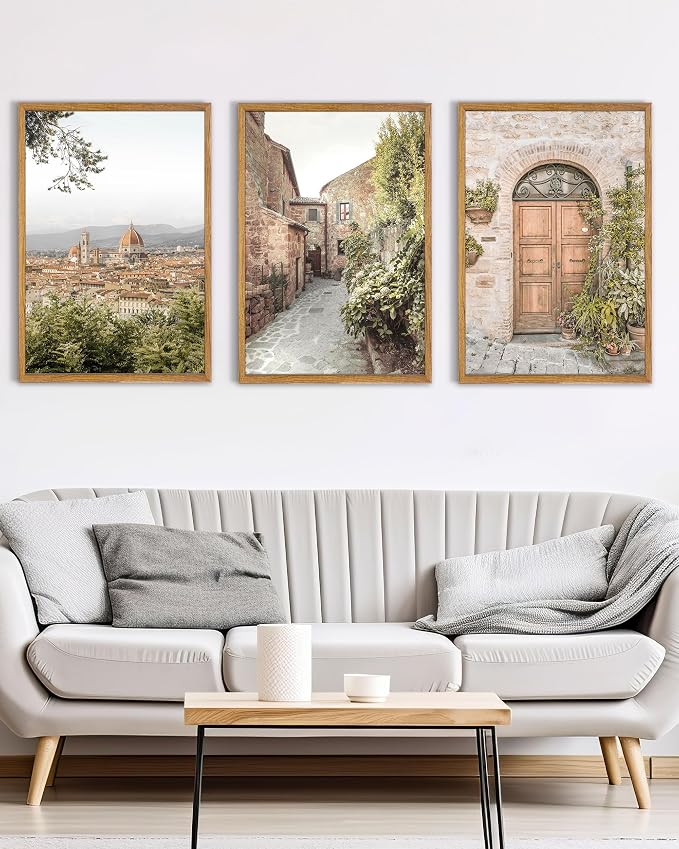 UPWOIGH Italy Travel Framed Wall Art, 16 x 24 Inch, Set of 3 | Florence Skyline, Tuscan Alley and Rustic Door Prints, Warm Neutral Tones, Light Wood Frames for Living Room and Office
