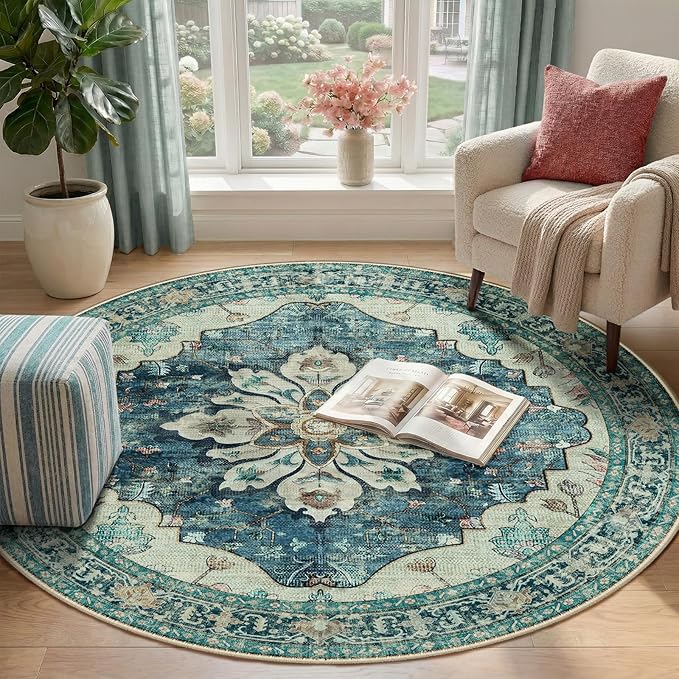 RELEANY Area Rugs 4ft Washable Non-Slip, Floral Vintage Distress Print Pattern Medallion Carpet for Living Room Bedroom Dining Room, Dark Blue Vintage