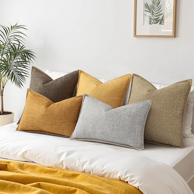 decorUhome Summer Decorative Throw Pillow Covers 12x20 Set of 2 Lumbar Faux Linen Farmhouse Pillow Covers with Stitched Edge Outdoor Neutral Pillow Covers for Couch Sofa Living Room, Khaki