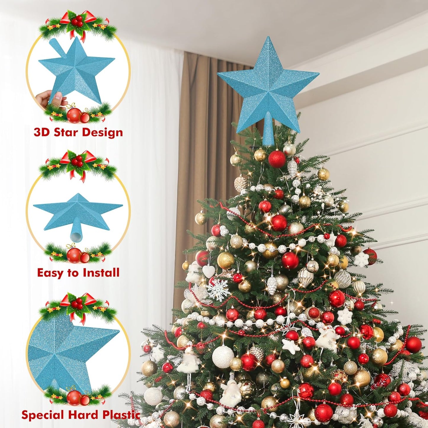 Christmas Tree Topper, Blue 10" 3D Star Tree Topper Decorations, Large Christmas Tree Topper Bethlehem Star Ornament, Glitter Shatterproof Christmas Tree Decor for Holiday Xmas Home Indoor Outdoor