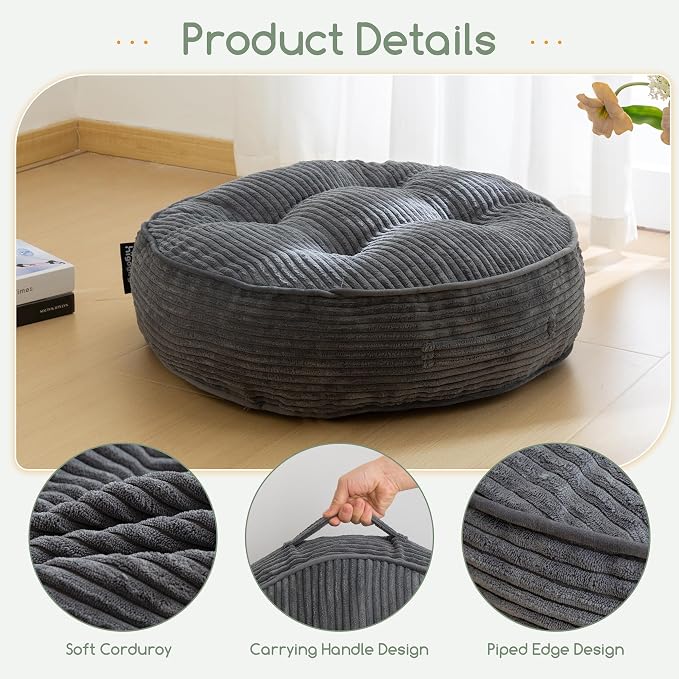 HIGOGOGO 6" Extra Thick Floor Pillow Cushion for Adults, Meditation Cushion Pillow, Large Round Floor Sitting, Tufted Corduroy Cover, for Tatami Living Room or Yoga, 22x22 Inch, 2Pack, Dark Grey