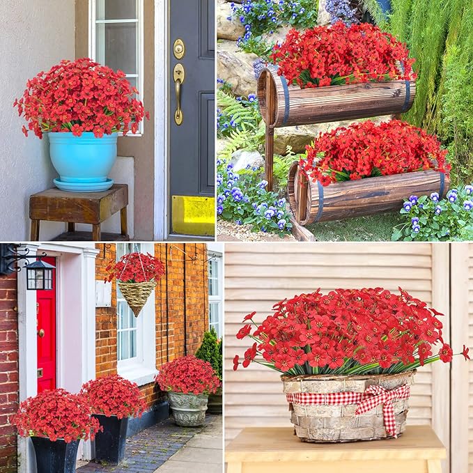 Ouddy Decor 24 Bundles Artificial Flowers for Decorations Fake Silk Plants for Outdoors UV Resistant Faux Plastic Greenery Stems for Garden Porch Window Box Home Spring Decor, Red