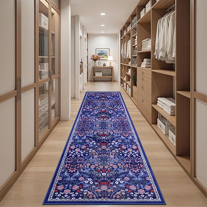 Runner Rug for Entryway: 3x10 Kitchen Rugs Non Slip Washable Ultra-Thin Soft Floral Carpet Indoor Floor Stain Resistant Carpets for Hallway Bedroom Kitchen Laundry Bathroom Dorm Blue
