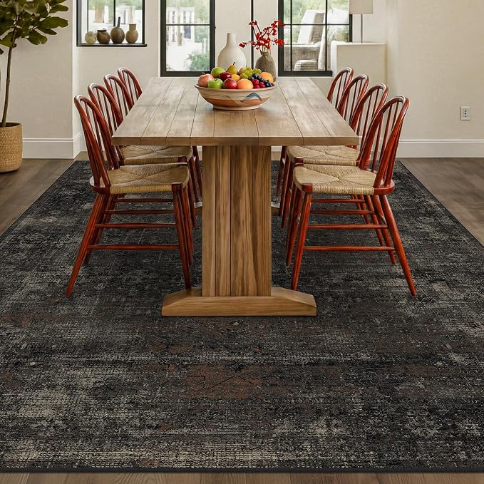 TALANOVA Modern Farmhouse Black 10x14 Washable Area Rug for Living Room & Dining Room, Abstract Non Slip Low Pile Rug for Bedroom, Dark Charcoal Stain Resistant Extra Large Decor
