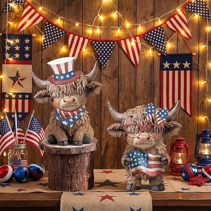 Karenhi 2 Pcs Patriotic Highland Cow Decor American Flag Figurines for 4th of July Memorial Day, Red White Blue Resin Cow Statues for 250th Anniversary Home Table Garden Decor
