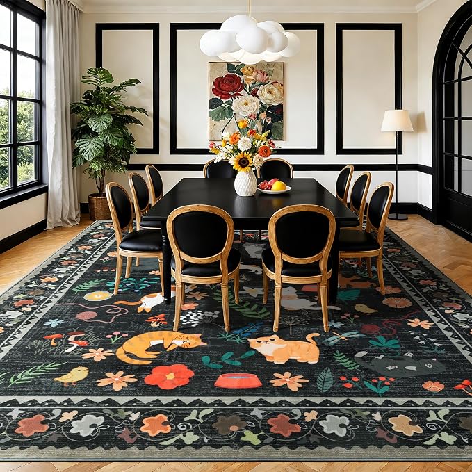 LIANLAM 8x10 Cat Lover's Area Rug, Washable Large Rug with Artistic Feline Design for Living Room & Bedroom, Pet Friendly Non-Slip Soft Carpet, Stain Resistant & Easy Clean(8x10,Black)