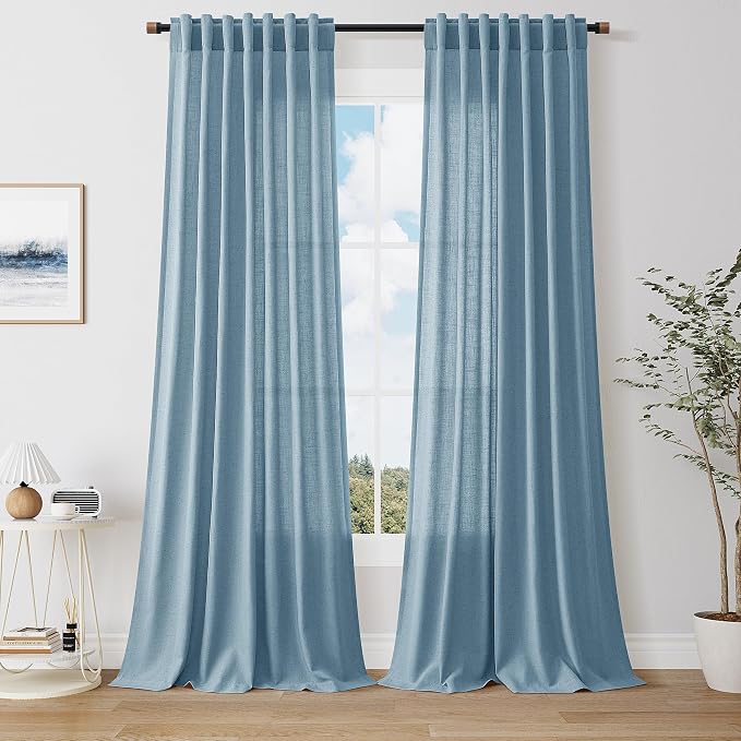 Nanspring Blue Linen Curtains Extra Long 120 Inches Long for Living Room 2 Panel Set Back Tab Light Filtering Boho Farmhouse Semi Sheer Curtain Drapes for Dining Room Large Window 10 FT Tall 50x120
