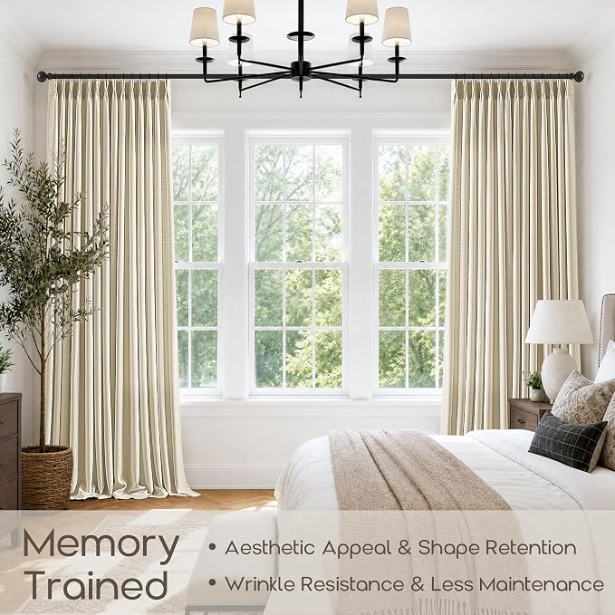 Pinch Pleated Wide Linen Curtains 70 Inch Wide 96 Inch Long 1 Panel Cream Beige Memory Trained Light Filtering Pleat Curtains for Living Room Sliding Door Patio Back Tab Burlap Drapes with Rings 8 FT