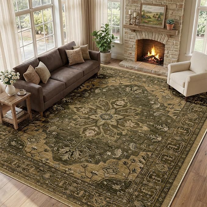 RELEANY Area Rugs 9'x12' Washable Non-Slip, Floral Vintage Distress Print Pattern Medallion Carpet for Living Room Bedroom Dining Room, Brown Dark Brown