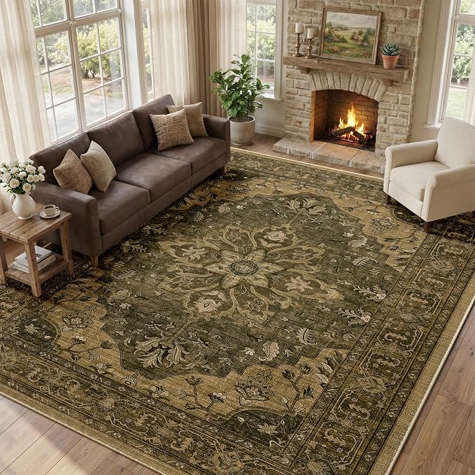 RELEANY Area Rugs Large 10'x12' Washable Non-Slip, Floral Vintage Distress Medallion Carpet for Living Room Bedroom Dining Room, Brown Dark Brown