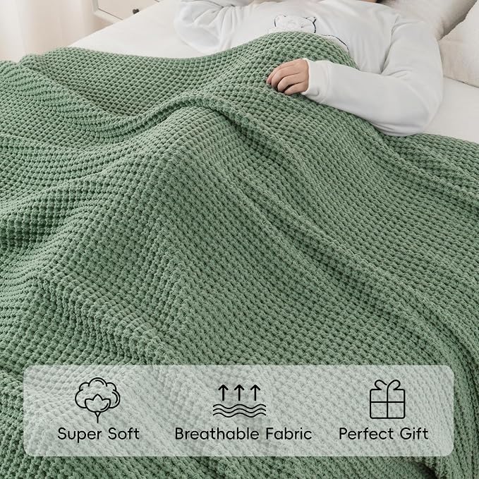 Bunnikins & Clover Knitted Waffle Throw Blanket 60x80 Inches, Sage Green Throw Blanket for Couch, Soft Cozy Chenille Knit Blanket Warm Decorative Throw for Sofa