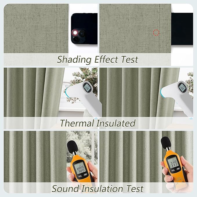 Sage Green 100% Blackout Linen Curtains 108 Inch Length 2 Panels Set for Living Room Bedroom Back Tab Rod Pocket Thermal Insulated Black Out Drapes Room Darkening Window Curtains 52x108