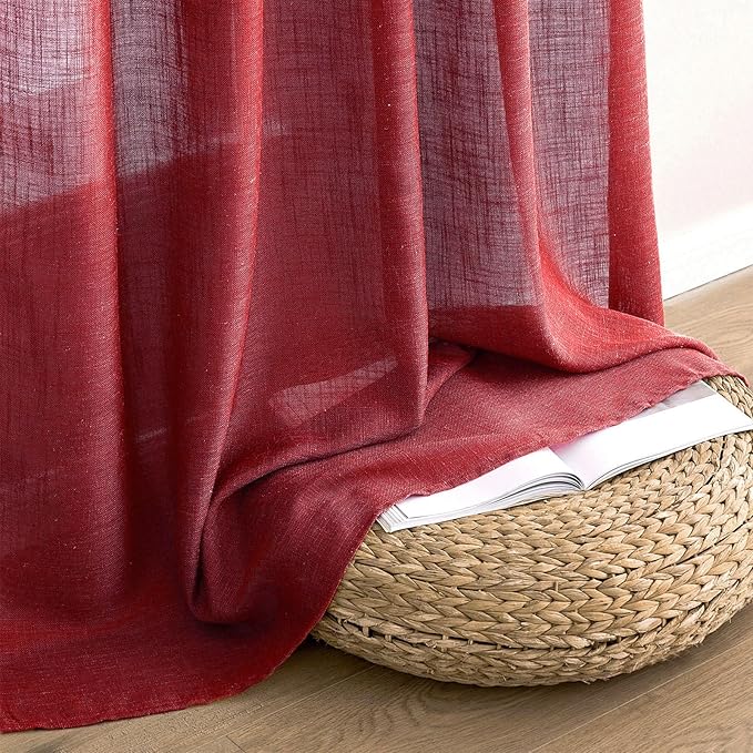 MIULEE Burgundy Red Linen Curtains 90 Inch Long for Bedroom Living Room, Soft Thick Linen Textured Window Drapes Semi Sheer Light Filtering Rod Pocket Back Tab Christmas Burlap Look, 2 Panels