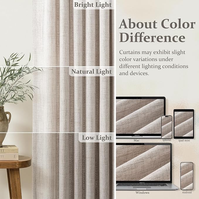 Thick Linen Greyish Brown Pleated Curtains 90 Inches Long 2 Panels Set for Bedroom, Memory Shape Semi Sheer Light Filtering Viral Curtain Privacy Dining Room Modern Windows Drapes Hooks Rings Burg