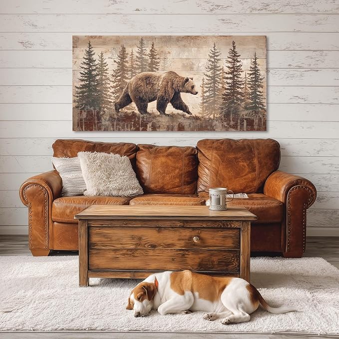 Ggaafet Brown Bear Forest Wall Art for Living Room Canvas Painting Prints Retro Wood Rustic Wildlife Art Deco Vintage Nature Artwork Office Bedroom Farmhouse Dining Room Decor Extra Large