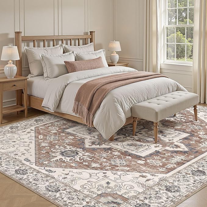 Area Rug 10x14 for Living Room - Washable Oriental Vintage Floral Distressed Large Indoor Carpets with Non Slip Back for Bedroom Dining Room Nursery Office Home Decor -Terracotta/Brown