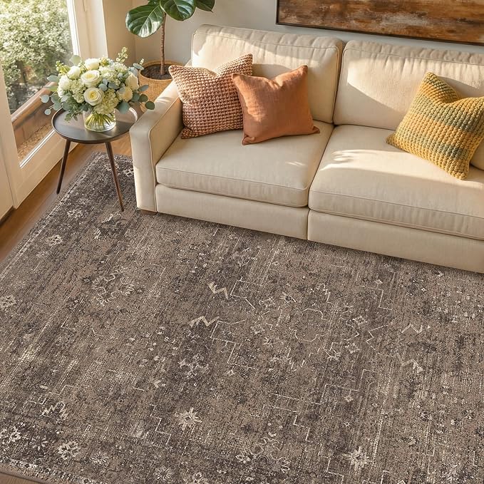 Farmhouse Brown Washable 8x10 Area Rug for Living Room, Dark Neutral Vintage Distressed Large Rug for Bedroom, Non-Slip Soft Stain Resistant Carpet for Dining Room Office Décor