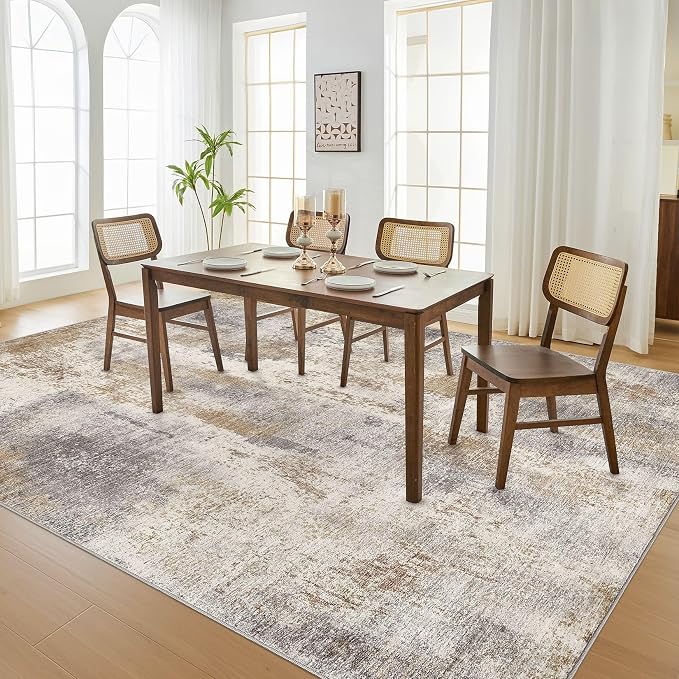 DMOYEST Area Rug Living Room Rugs - 8x10 Washable Large Soft Indoor Neutral Modern Abstract Low Pile Rug Carpet for Bedroom Dining Room Farmhouse Home Office - Brown Grey