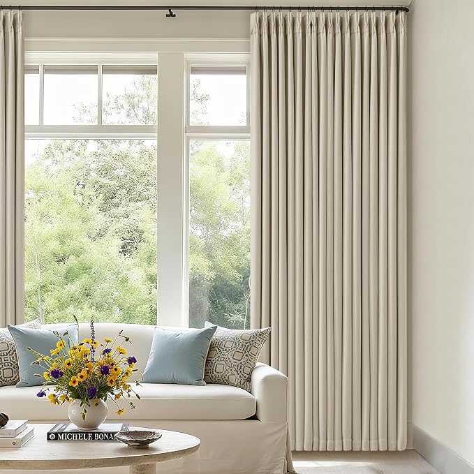 108 Inch Pinch Pleat Blackout Curtains 108 Inches Long for Bedroom Neutral Farmhouse 100% Black Out Room Darkening Burlap Thick Linen Double Layer Pleated Curtain 2 Panels Set Oatmeal Beige Sand