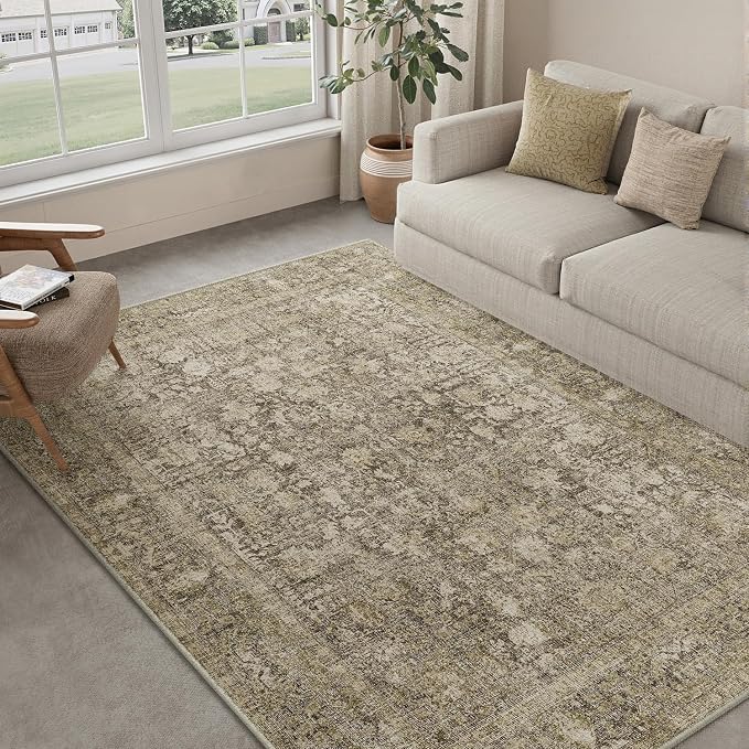 PureCozy Brown Area Rug 8x10 Machine Washable Large Vintage Living Room Distressed Non Slip Carpet Traditional Indoor Bedroom Retro Floral Accent Throw Rug for Office Kitchen Dining Room