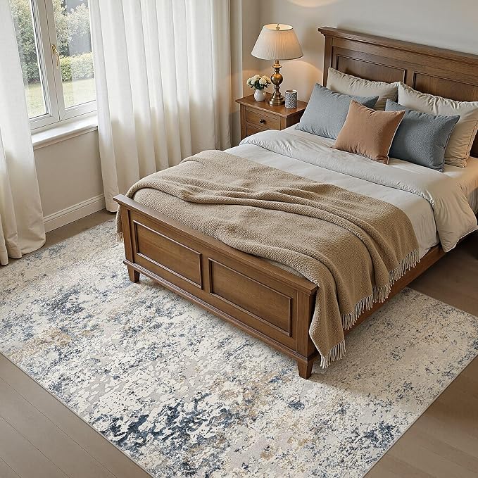 Area Rug Living Room Rugs - 5x7 Abstract Large Soft Indoor Washable Rug Neutral Modern Low Pile Carpet for Bedroom Dining Room Farmhouse Home Office - Beige Blue