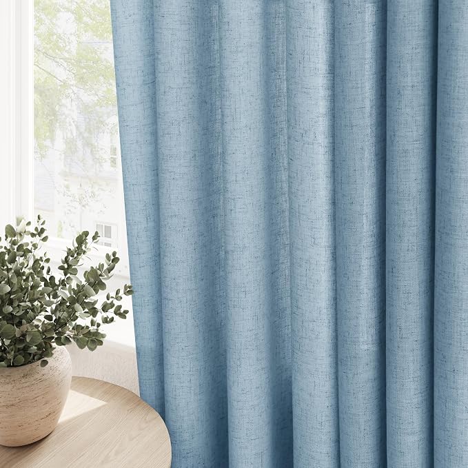 Dusty Blue Linen Curtains 96 Inches Long for Living Room Patio Door 2 Panels Set Grommet Textured Light Reducing Semi Sheer Drapes Breathability High Window Curtain for Dining Room Office 52x96