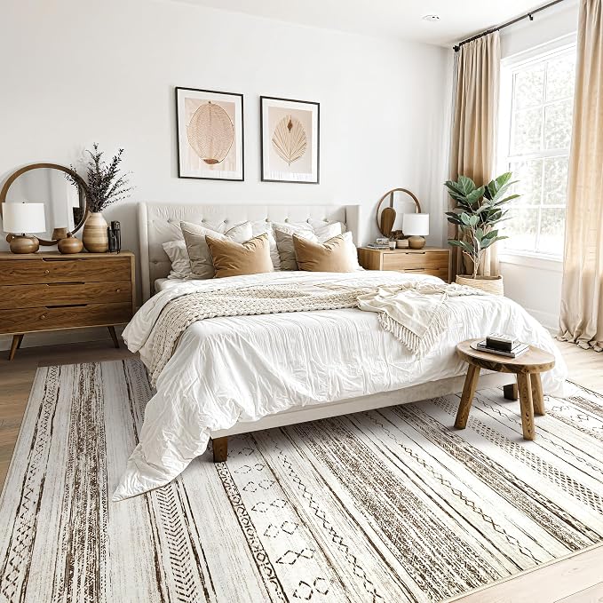 Tortania Area Rug Living Room Rugs - 9x12 Washable Large Soft Neutral Boho Moroccan Bohemian Farmhouse Rug Indoor Floor Carpet for Bedroom Under Dining Table Home Office Decor - Cream Brown
