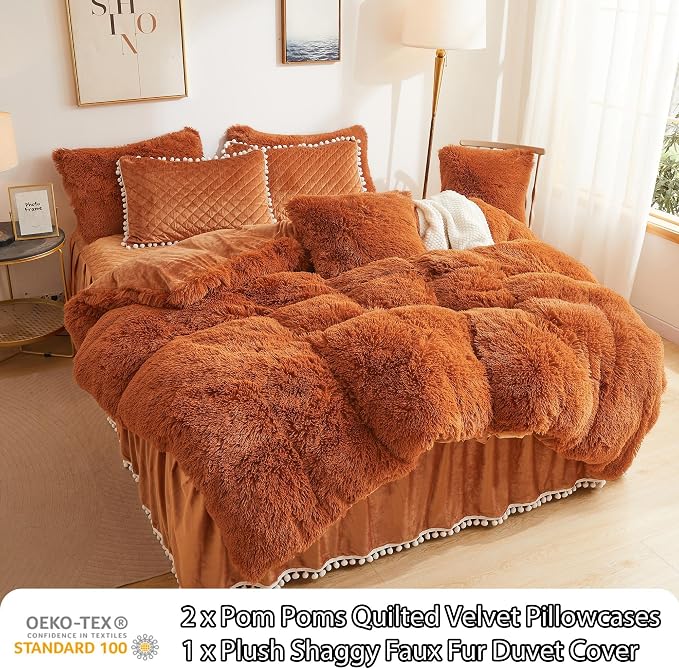LIFEREVO Terracotta Plush Shaggy Duvet Cover Set, Soft Velvet Fluffy Bedding Set Furry Comforter Quilt Cover(1 Faux Fur Duvet Cover + 2 Pompoms Pillow Cases), Zipper Closure(Queen, Burnt Orange)
