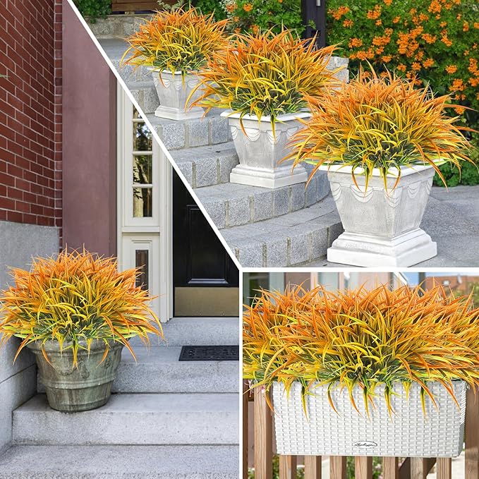 Ouddy Decor 16 Bundles Artificial Plants Outdoor Fake Grass Greenery Stems UV Resistant Faux Plastic Plants Shrubs for Spring Summer Garden Pathway Window Box Farmhouse Front Porch Home Decor, Orange
