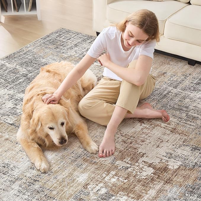 DMOYEST Square Area Rug Living Room Rugs - 8x8 Washable Large Soft Indoor Neutral Modern Abstract Low Pile Rug Carpet for Bedroom Dining Room Farmhouse Home Office - Grey Brown