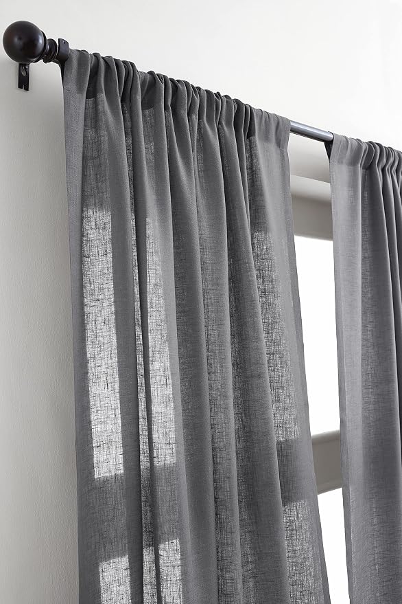Solino Home Charcoal Linen Sheer Curtain 120 Inches Long - 100% Pure Linen European Flax Window Treatment Panel 52 x 120 Inch - Light Filtering Rod Pocket Curtain for Living Room, Bedroom - 1 Panel