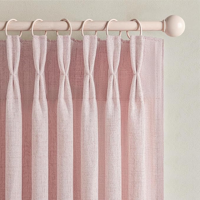 Baby Pink High Ceiling 102 Inches Long Curtains 2 Panels Set for Sliding Glass Door, Beautiful Pinch Pleated Linen Sheer Dining Room Curtain Privacy Light Filtering 100-102 Inch Large Window Drapes