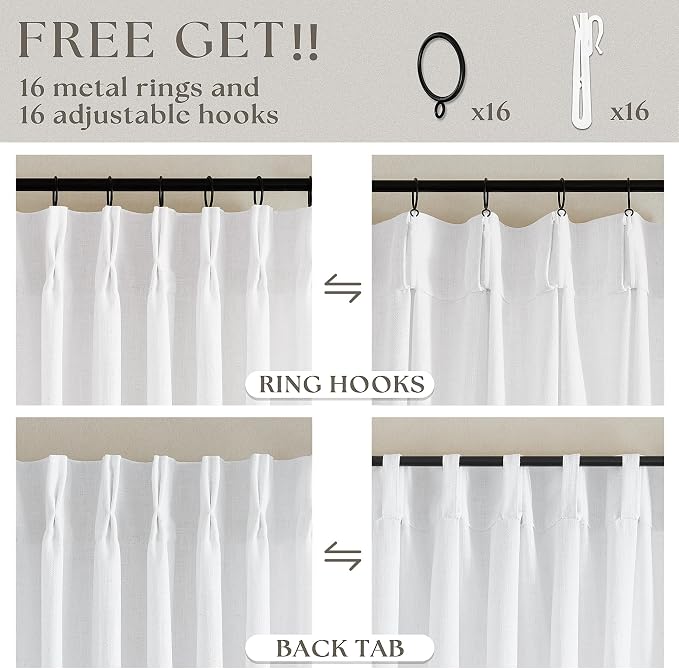 Extra Long Snow White Pinch Pleated 132 Inch Linen Curtains 2 Panels for Living Room Bedroom Memory Training Shaped Semi Sheer Pleat Drapes with Hooks Rings Light Filtering Window Curtain 40x132