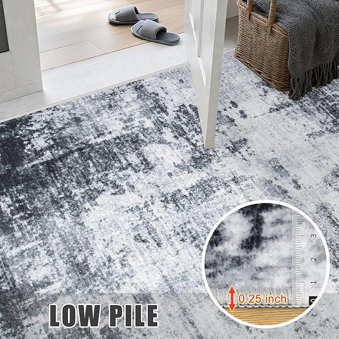 5x7 Area Rug Living Room Rug: Washable Modern Abstract Soft Thin Rug Indoor Floor No Slip Stain Resistant Carpet for Bedroom Dining Room Farmhouse Nursery Home Office - Dark Black