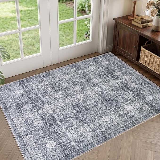Sasttie 2x3 Rug, Ultra-Soft Washable Rug, Low Pile Foldable Thin Carpets with Non-Slip Backing, Skin-Friendly Stain Resistant Carpet for Living Room, Bedroom, Kitchen, Dorm, 2x3, Black Grey