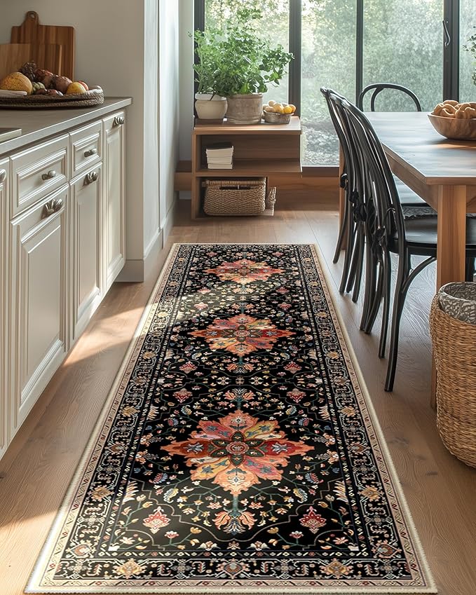 RELEANY Area Rugs 2'x8' Runner Rug Non Slip Washable for Kitchen Hallway Bedroom Beside Laundry Room Bathroom Rug, Floor Carpet, Black Colorful Floral Dark Tan