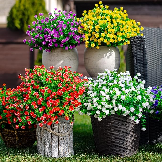 AXYLEX Artificial Flowers for Outdoors Fake Plants - 12 Bundles Faux Outside Greenery Boxwood No Fade Plastic Shrubs Fall Decor Farmhouse Home Garden (White)